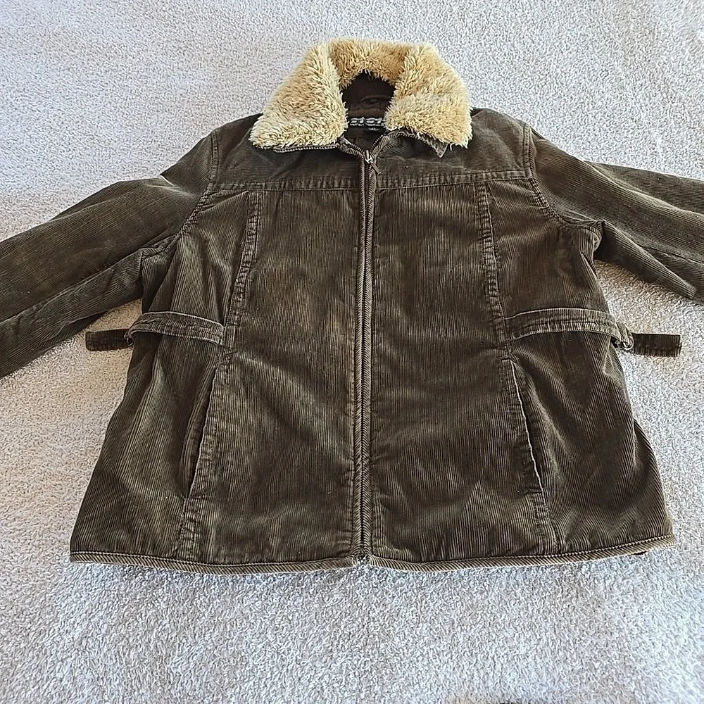 Y2K Static Corduroy Barn Jacket Pennylane Faux Sherpa Trim Chore‎ Coat Brown